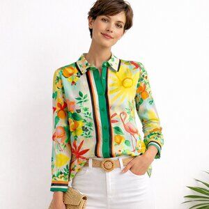 Antonio Melani Polina Flamingo Tropical Citrus Print Button Front Blouse Size S